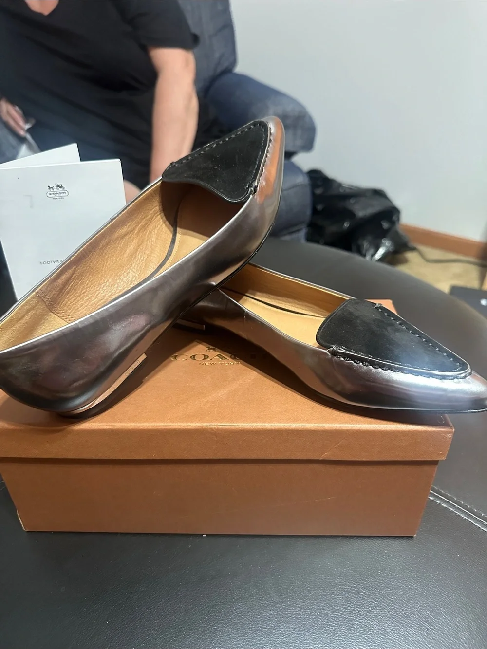 Womens Metallic Silver Loafers with Black Toe Accent